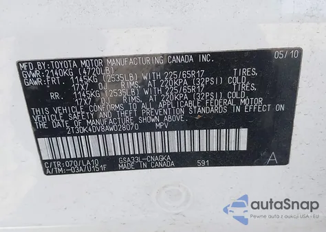 2010 Toyota Rav4 Limited V6 from USA, damaged, VIN 2T3DK4DV8AW028070